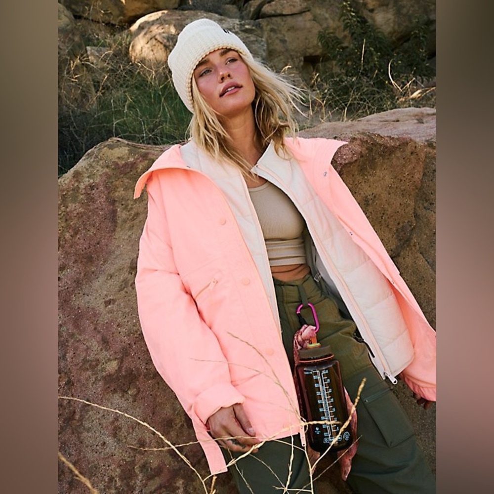 SOLD-Free People Neon Peach Flamingo Pink Singin’ In the Rain Jacket with Hood